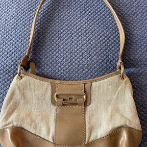 ETIENNE AIGNER BEIGE FABRIC SATCHEL FLAP SHOULDER BAG TAN FAUX  LEATHER TRIM